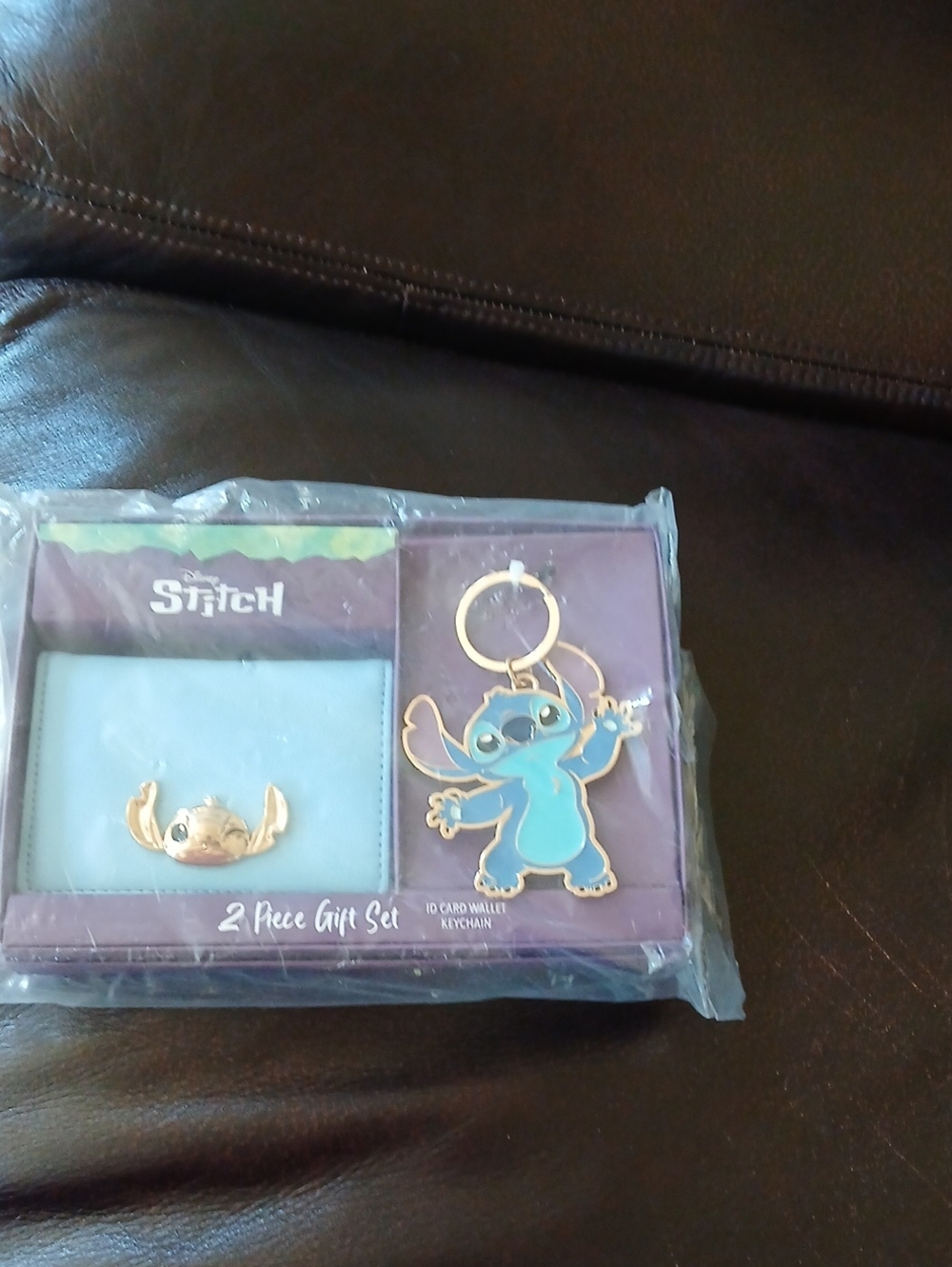 Disney Stitch Light Blue Card Wallet and Gold-Trimmed Stitch Keychain Set